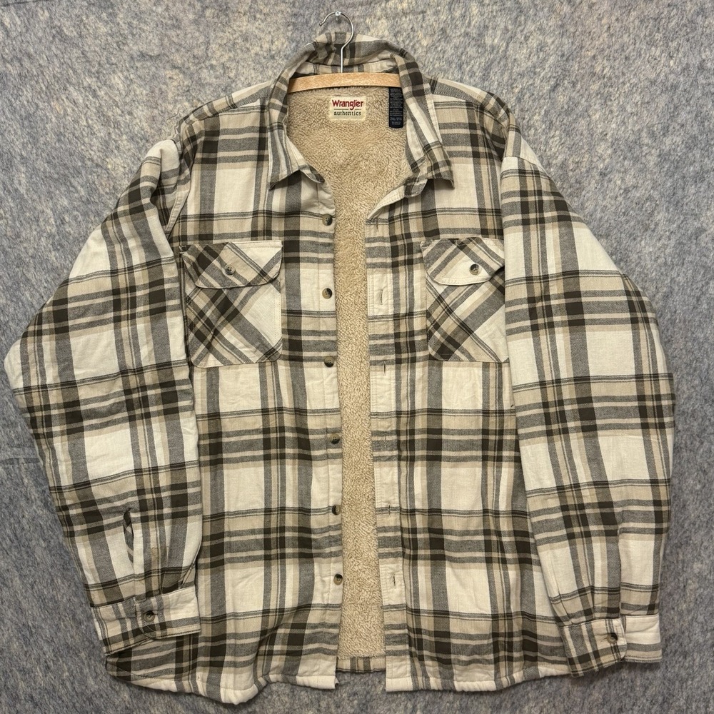 Wrangler Authentics Sherpa Lined Flannel Shirt Jacket Mens 2XL Plaid Beige Gray
